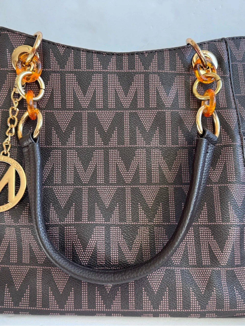 MKF Collection Mia K Rylee Signature Tote Bag Brown Monogram Logo Gold Chain